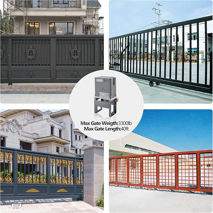 JIELI 3300 lb Automatic Sliding Gate Opener with 4 Remote Controls, Electric Rolling Driveway Slide Gate Motor, Complete Gate Operator Hardware Security System Kit for Sliding Gate Up to 40 Feet