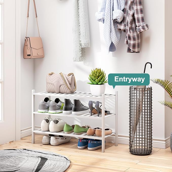 viewcare White Shoe Rack, 3-Tier Bamboo Wood Shoe Rack for Closet, Entryway & Hallway, and Stackable Shoe Shelf Storage Organizer for Indoor and Outdoor