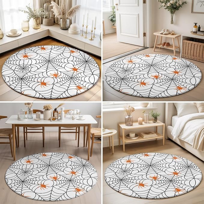 Round Area Rug 6', Halloween Washable Area Rugs for Living Room Kitchen Bedroom Nursery Dining Room, Black Net Classic Spiders Gingham Orange Non Slip Door Mat Indoor Floor Throw Circle Carpet