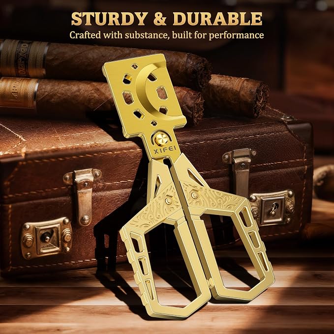 XIFEI Cigar Cutter, Stainless Steel Double Blade Guillotine Straight Cut Scissors, Ergonomic Hand-Held Design for All Cigars, Ideal Gift for Cigar Enthusiasts (Gold)