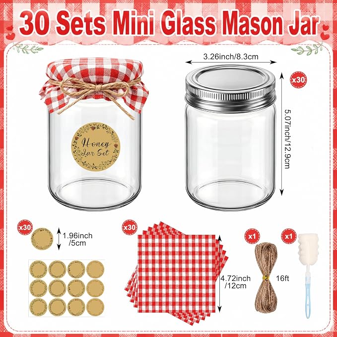 Blushtier 15 Sets 16 oz Mini Yogurt Jars Glass Mason Jar with Lids Red Plaid Muslin Cloth Cover Decorative Jute Rope Brush Glass Bottle for Jam Honey Candy Gift Wedding Favors Birthday Party Decor