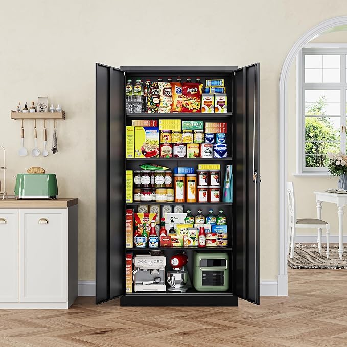 Metal Garage Storage Cabinets with Lock Door and Adjustable Shelves, Steel Tool Cabinets for Home,Office,Warehouse Organisieren (Black, 72" H)