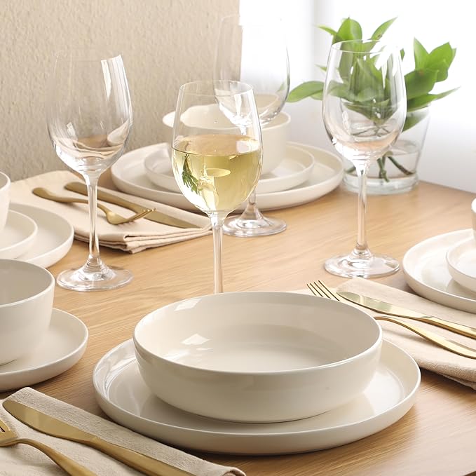 Gibson Home Serenity 16 Piece Modern Porcelain Dinnerware Set for 4, Linen White Plates and Bowls Set, Dinner Plates, Salad Plates, Pasta Bowls, Cereal Bowls