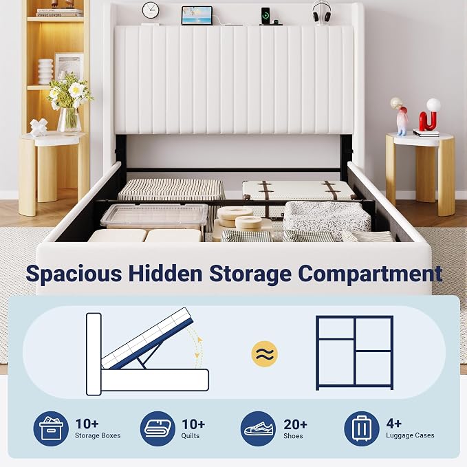 Allewie Queen Lift Up Storage Hydraulic Bed Frame,Charging Station,White | Storage Shelf Headboard with Charging Station,Type-C,USB Ports,Hydraulic Support,Velvet Upholstered,No Box Spring Needed