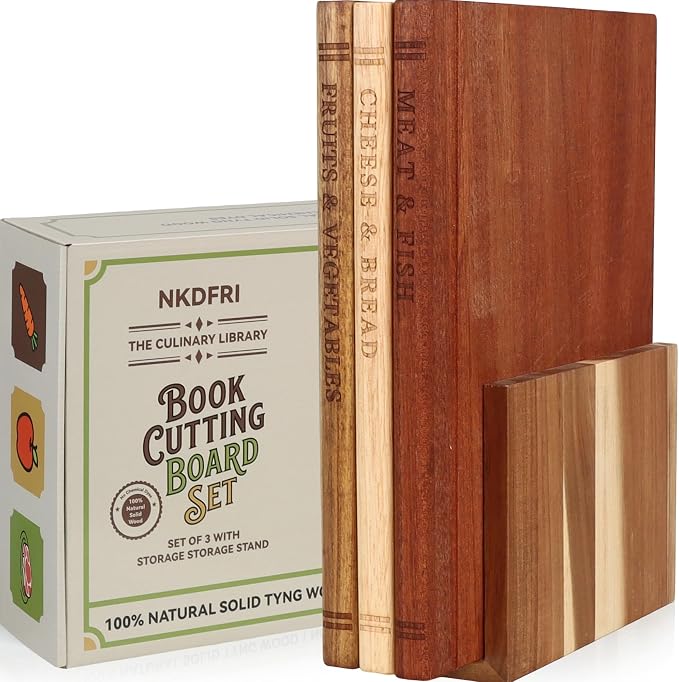 Book Cutting Board Set with Wood Stand, Wooden Cutting Boards for Kitchen,Knife Friendly Decorative Board that Look Like Books, Easy to Store & Clean,Unique Gift for Book Lovers & Home Cooks