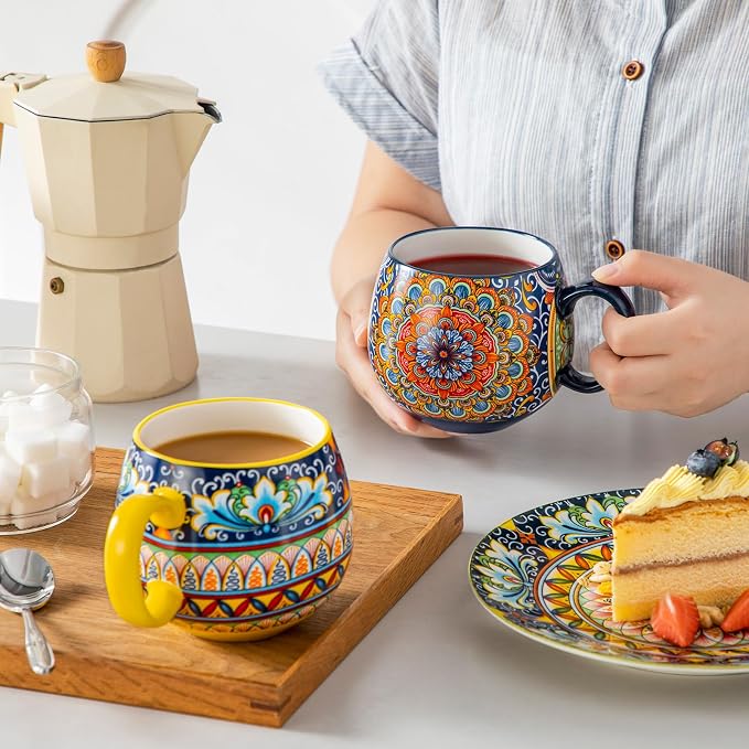vancasso Coffee Mugs Set of 6, Coffee Cups Ceramic 18oz, Porcelain Coffee Mugs for Cappuccino, Latte, Espresso, Colorful Coffee Mugs with Handle, Rounded Boho Mugs, Microwave & Dishwasher Safe