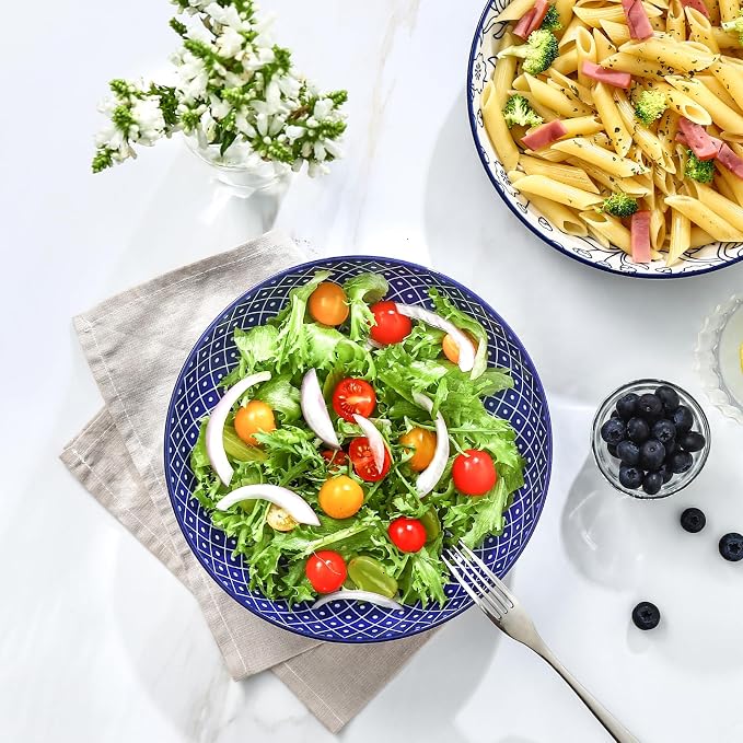 Selamica Ceramic Pasta Bowls Set of 4, 34 OZ Salad Bowls, 8.6 Inch Wide and Shallow Bowls, Microwave & Dishwasher Safe, Vintage Blue