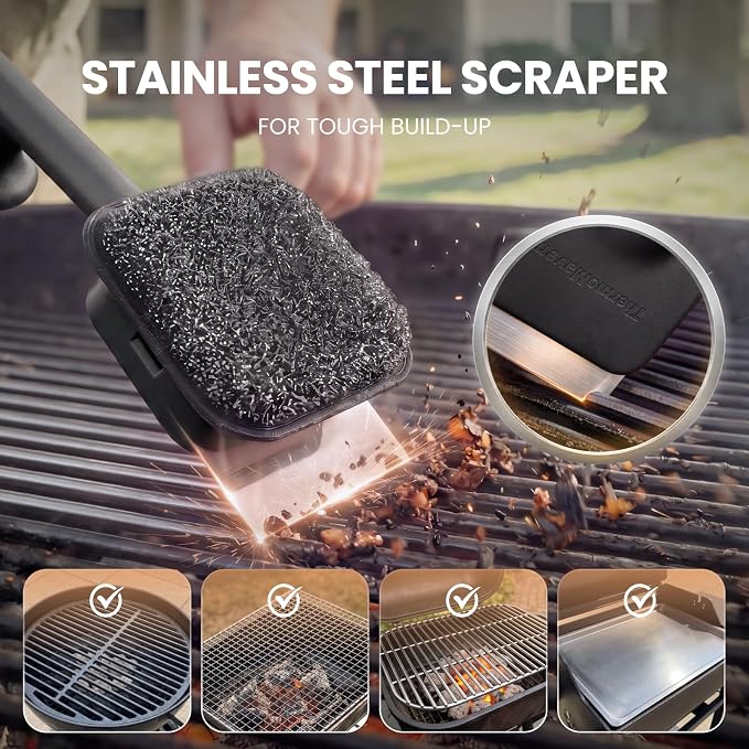 ThermoMaven BBQ Grill Brush Bristle Free - 17" Safe Steam Grill Cleaner Brush with Scraper and 5 Brush Heads for Porcelain/Gas/Charcoal Grill Outdoor Grill Barbecue Cleaner