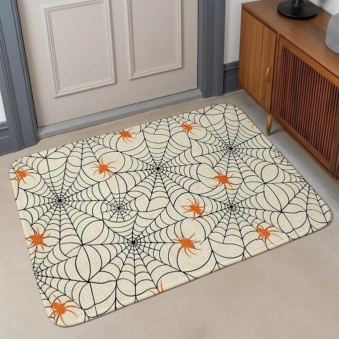 Small Door Mat Indoor Outdoor 15.7"x23.6",Halloween Absorbent Non Slip Entry Rug,Black Net Classic Spiders Gingham Orange Rustic Low Profile Welcome Mat for Front/Side Door Apartment Entrance Bathroom
