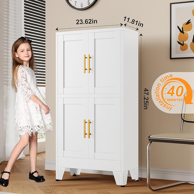 GAIOUS 47.25" Metal Pantry Cabinet, White Storage Cabinets with 4 Door | and 2 Adjustable Shelves, Steel Bathroom Cabinet,Freestanding Cupboard for Kitchen Dining Living Room Bathroom,Floor Cabinet