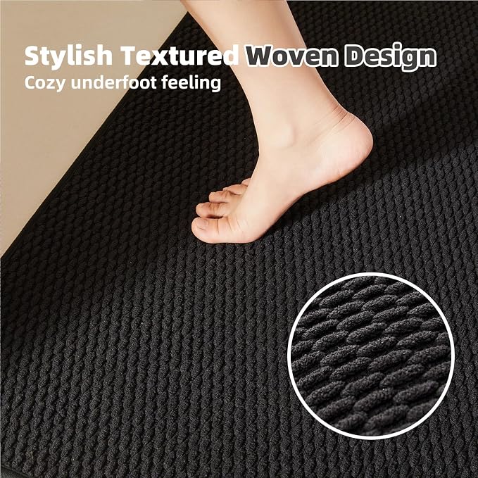 TYUU Black Bathroom Rugs Non Slip Washable, Super Absorbent Thin Bath Mat Quick Dry Low Pile Bathroom Rug, Black 20''x48''