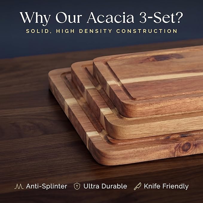 Pre-Oiled, Non Toxic 3-Piece Acacia Cutting Board Set with Stand | 15.7 x 11.8 in, 13 x 9.4 in, 10.2 x 7.1 in · FSC certified · Includes 3.4 fl oz oil · Deer & Oak