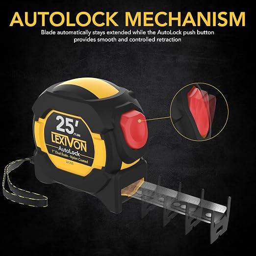 LEXIVON [4-Pack] 25Ft/7.5m AutoLock Tape Measure | 1-Inch Wide Blade with Nylon Coating, Matte Finish White & Yellow Dual Sided Rule Print | Ft/Inch/Fractions/Metric (LX-205X4)