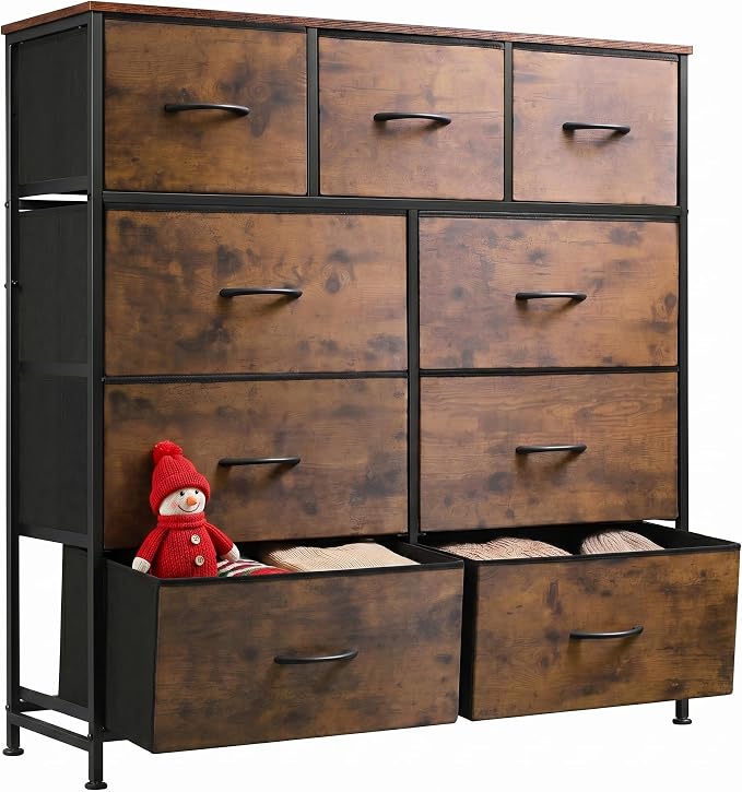 WLIVE 9-Drawer Dresser, Fabric Storage Tower for Bedroom, Hallway, Entryway, Closet, Tall Chest Organizer Unit with Fabric Bins, Steel Frame, Wood Top, Easy Pull Handle, Rustic Brown Wood Grain Print