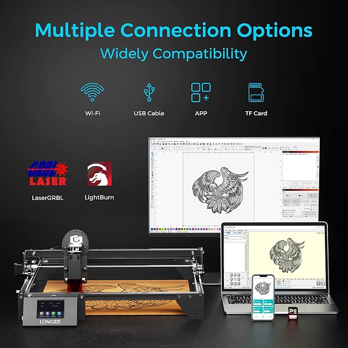 LONGER RAY5 Laser Engraver, Fully Upgraded with 10W Output, a 3.5-inch Color Touchscreen, and app-Based Offline Control; Ideal for Engraving Metal, Glass, and Wood. Working Area: 400×400 mm.