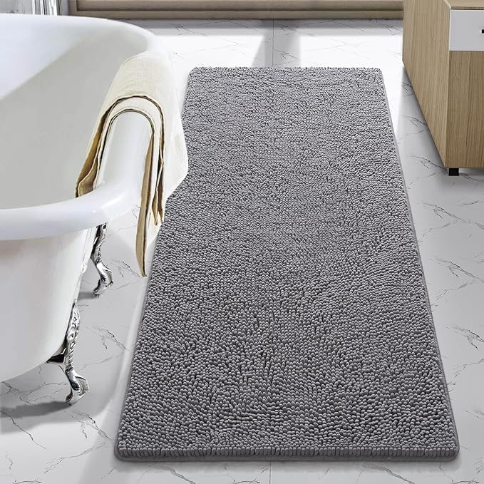 LOCHAS Luxury Bathroom Rug Shaggy Bath Mat 24 x 54 Inch, Gray | Washable Non Slip Bath Rugs for Bathroom Shower, Soft Plush Chenille Absorbent Carpets