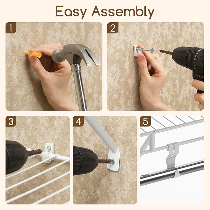COSTWAY Closet Shelves Wall Mounted, Ventilated Shelf with Hanging Rod | Metal Wire Shelving Kit, Wire Wall Shelf for Laundry Room, Bedroom, Home, Mounting Accessories Included (2, 4 ft x 12 in)