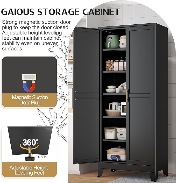 GAIOUS 75.2" Tall Storage Cabinet, Pantry Storage Cabinets with 2 Door and 5 Adjustable Shelves, Black Kitchen Food Cabinet, Metal Utility Cabinets for Kitchen, Dinning Room, Laundry Room