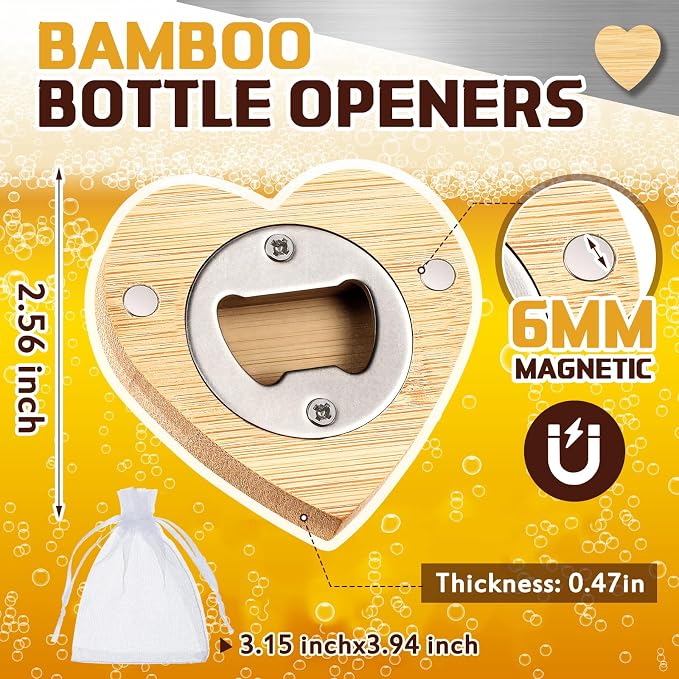 Vesici 50 Pcs Magnetic Bottle Opener 2.5in DIY Bamboo Heart Shape Beer Openers Wooden Fridge Magnet Refrigerator Sticker Gift for Beer Lover Wedding Guest Kitchens Bars Parties
