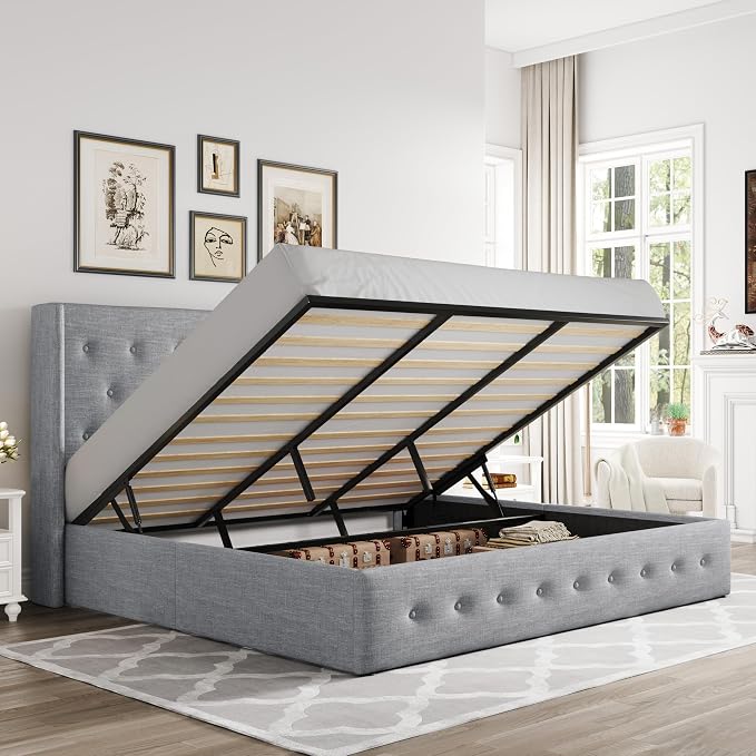 Allewie King Size Lift Up Storage Button-Tufted Bed Frame Light Grey | Modern Wingback Headboard, Hydraulic Support Storage, No Box Spring Needed
