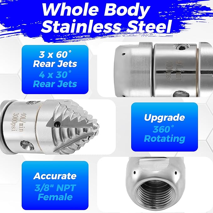 Tool Daily 3/8" NPT Sewer Jetter Rotating Nozzle, 40 L/Min, 3000 PSI | Pressure Washer Sewer Nozzle for Drain, Pipe Cleaning, Stainless Steel
