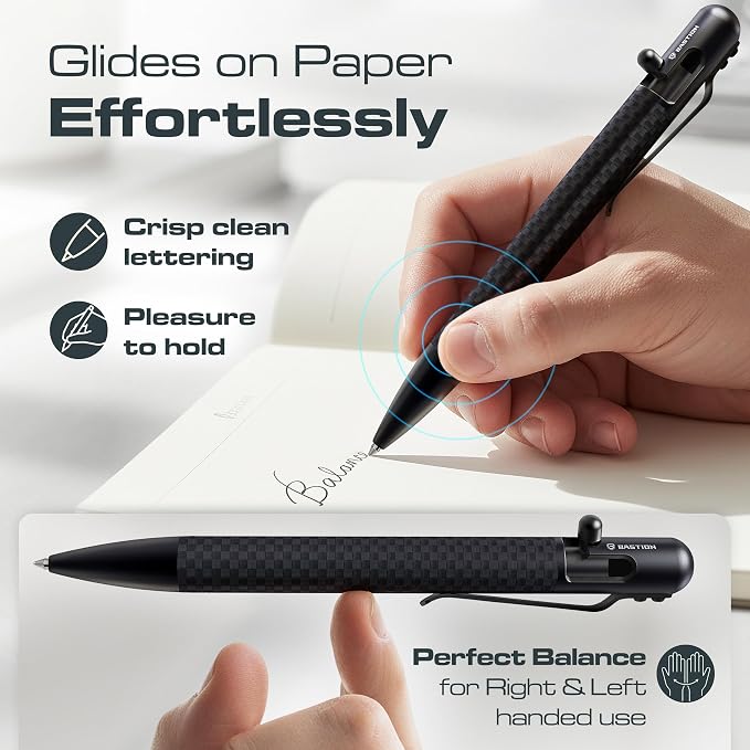 BASTION Bolt Action Pen, Carbon Fiber Jet Black, HyperBolt EDC Pen, Refillable Lightweight Writing Pen, Premium Graduation Gift, Executive Pocket Pen