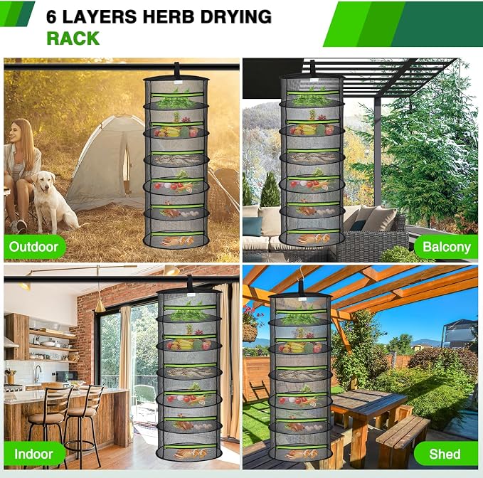 Yesker 6 Layer Herb Drying Rack Hanging Mesh Net Foldable Plant Drying Racks 24" w Green Zipper Pruning Shears Hook Dryer Hanging Rack for Herbs Seed Bud Fruit Clothes Grow Tent Closets Garden Outdoor | Drying Green Zipper Pruning Shears Hook Dryer Han...