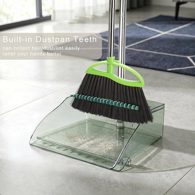 Soft Bristles Green Angle Broom and Dustpan Set, Long Handle Household Indoor Broom with Dustpan Combo Set for Room Kitchen Lobby Office Hardwood Floor Sweeping Floor Cleaning