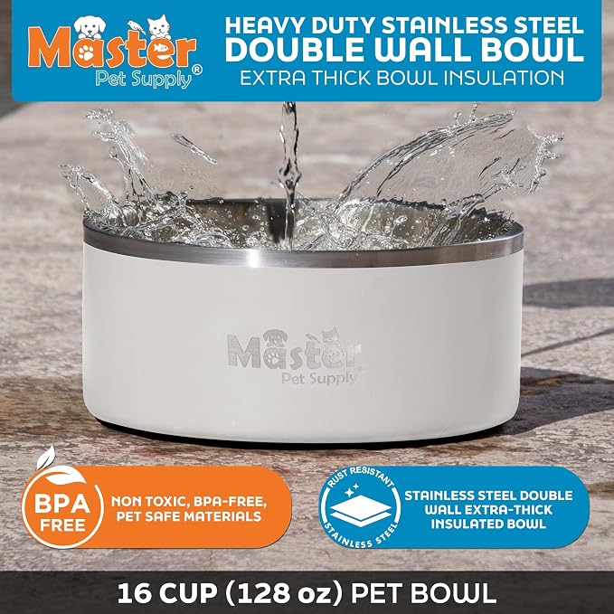 Master Pet Supply Stainless Steel Dog Bowls - 128 oz, Heavy Duty - Bone White, Double Wall Extra-Thick Insulated, Non-Slip Pet Water Bowl for Dogs, Cats & Pets, Anti Rust Metal, Dish Washer Safe