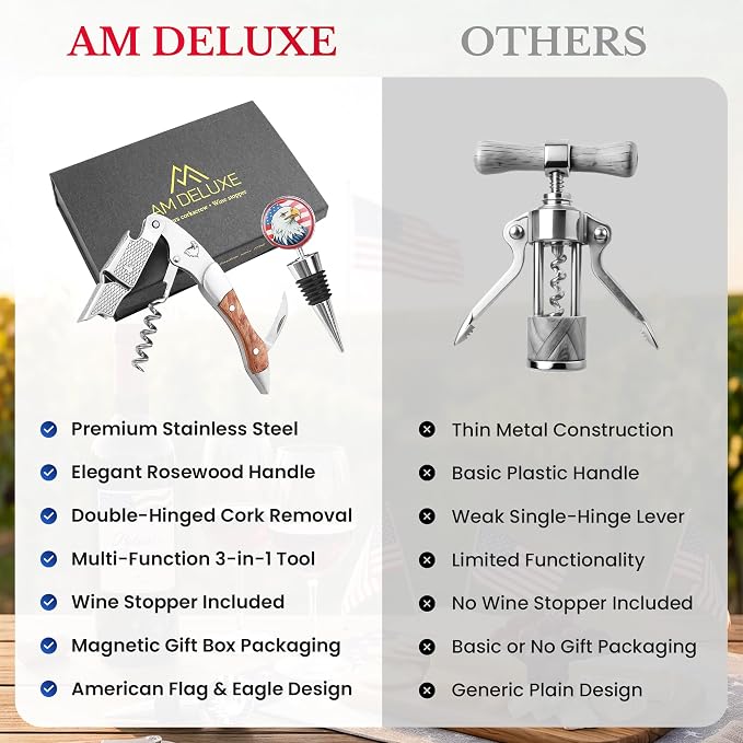 Patriotic Wine Bottle Opener Set: Professional Waiters Corkscrew Wine Opener & Wine Bottle Stopper - Double-Hinged Stainless Steel & Rosewood. 2-Piece Wine Accessories Gift Set