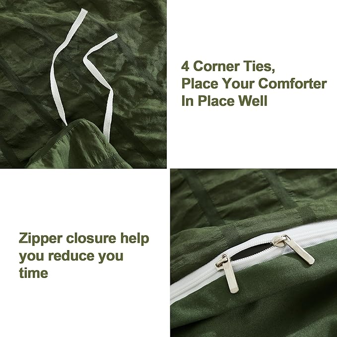 AveLom Olive Green Duvet Cover Queen Size, Textured Seersucker Duvet Cover Set, Soft Washed Microfiber with Zipper Closure and Corner Ties, 3 Pieces, 90" x 90" Duvet Cover & 2 Pillowcases