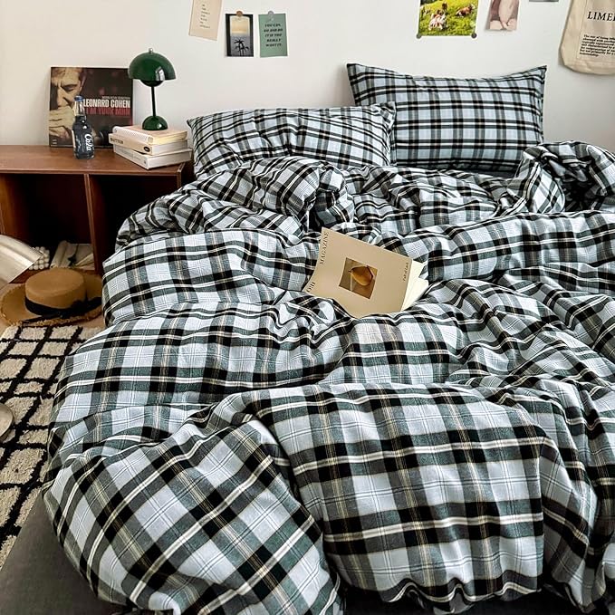 mixinni Vintage Grey & Pale Blue Buffalo Plaid Duvet Cover Set King Size - 3 Piece Washed Cotton Bedding Set with Grid Pattern, Soft & Breathable Duvet Cover with Pillowcases for Boys, Men& Women