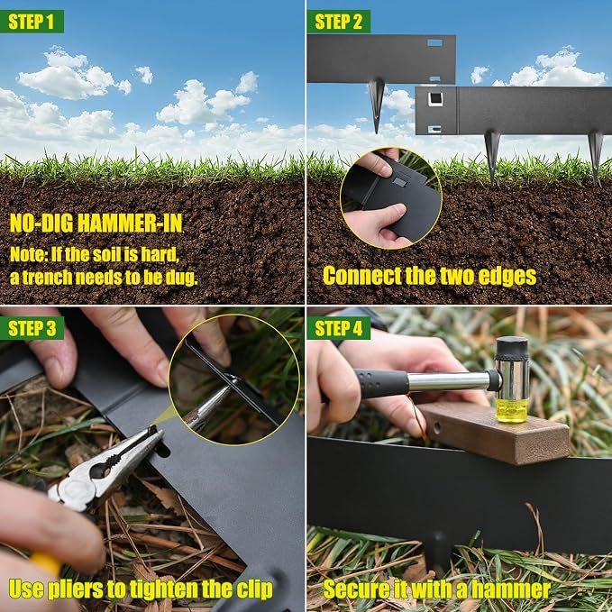 20ft. Metal Lawn Edging 6 Pack 6 inch, Black, Decorate Garden and Fence | Steel Landscape Edging for Fence, Yard Pathway, Flower Beds, Metal Lawn Edging with a Pair of Gloves