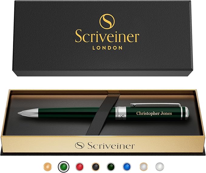 Scriveiner Personalized British Racing Green Ballpoint Pen - Stunning Green Lacquer Luxury Pen with Chrome Finish, Schmidt Ink Refill, Engraved Ball Point Gift Set for Men & Women, Custom Engraving