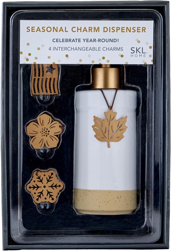 SKL Home Seasonal Charm Soap/Lotion Dispenser Gift Set with 4 Interchangeable Stainless Steel Charms, Refillable for Bathroom & Kitchen, Warm Gold