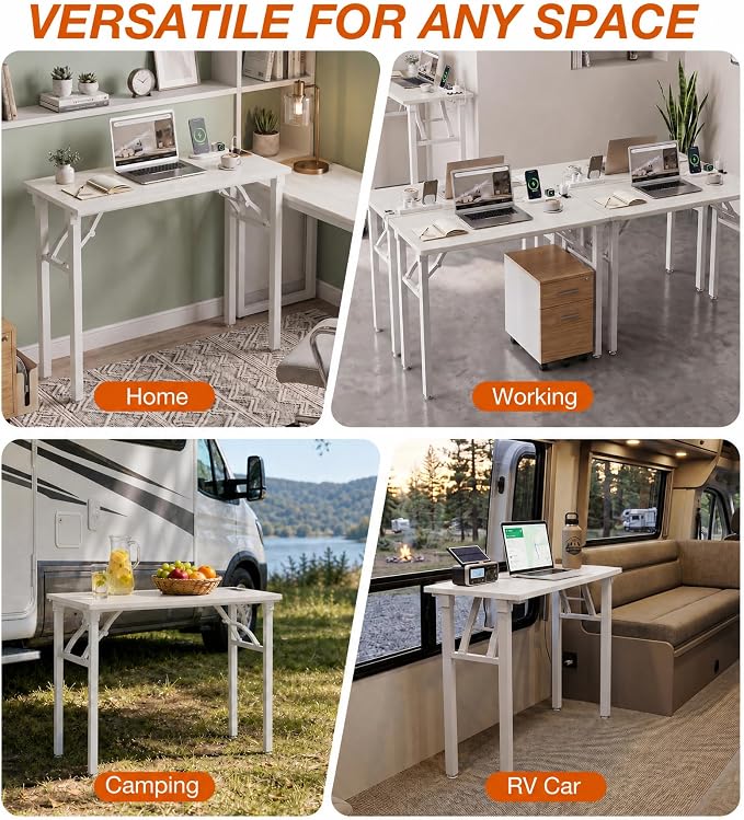 XBurmo Small Folding Desk Folding Table, No Assembly Foldable Desk Gaming Desk, 35.8-Inch Computer Table Workstation with 2 AC Outlets and 2 USB Ports for Bedroom and Home Office, White Ash