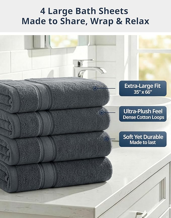 LANE LINEN 100% Cotton Bath Sheets - Exclusive Zero Twist Technology - 4 Pack (35"x66") Large Bath Towels Set - Ultra Soft, Fade Resistant & Quick Drying - Holds well after Multiple Washes - Cool Gery