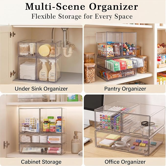 Clear Stackable Storage Drawers: Baby Bottle Storage Organizer, Acrylic Bottles Station Organizer Container for Countertop, Vanity, Bathroom, Cabinet Organization - 6 Pack