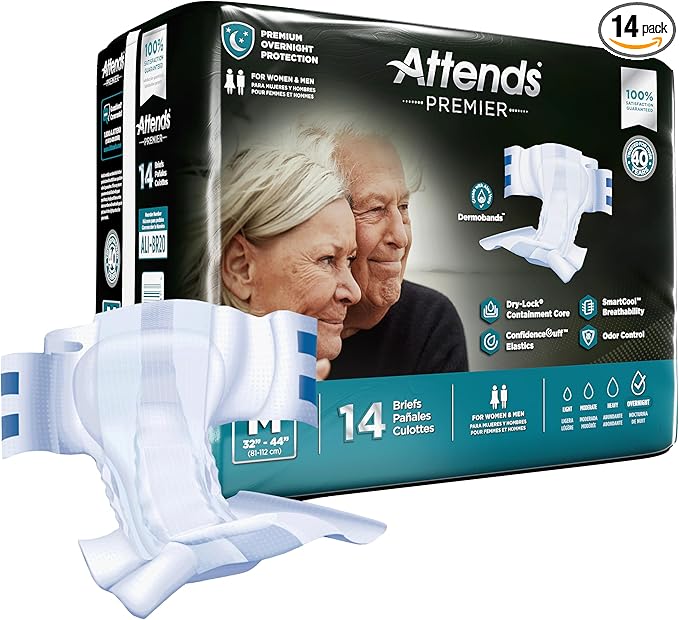 Attends Premier Adult Disposable SmartCool® Briefs, Medium, 32"-44" High-Rise Waist Tab Closure, Premium Overnight Dry-Lock Protection, Odor Control, 14ct Bag