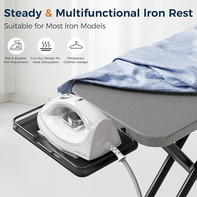 BEWISHOME Foldable Ironing Board,Compact Iron Board with Safety Iron Rest | and 7 Adjustable Heights , Ironing Stand with Cover and Pad for Heat Resistance, for Laundry Room 43" X 13" Grey KYB01B