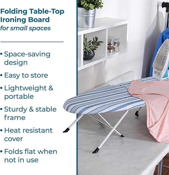 Honey-Can-Do Foldable Tabletop Ironing Board with Iron Rest, Blue Stripe