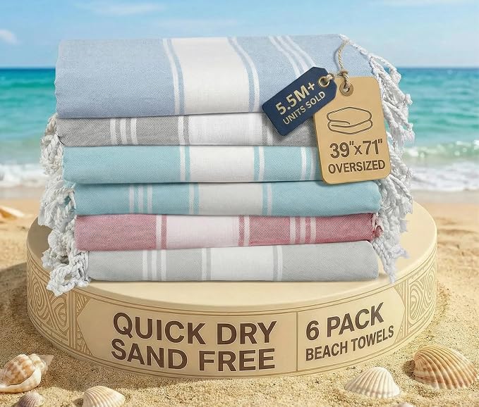 LANE LINEN Beach Towels 6 Pack, Oversized Beach Towel, XL - Nautical Color | Lightweight Beach Essentials for Women - Large Pool Towel, Absorbent & Quick Dry - 39"x71", Vacation Essential, Everyday Use