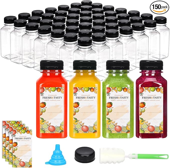 TOMNK 150pcs 8oz Plastic Juice Bottles with Caps Empty Reusable Clear Bottles with Label, Funnel and Brush Beverage Containers Bulk with Lids for Juicing, Smoothies, Fridge