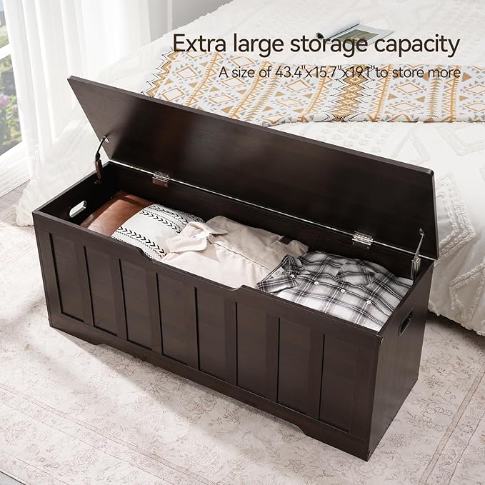 VANKILEY 47.2" Storage Chest Extra Large,Storage Trunk with 2 Safety Hinges,Wooden Storage Bench,Shoe Bench,47.2x15.7x19.1 Inch,Easy Assembly,Storage Bench for Bedroom,Living Room,entryway(Espresso).