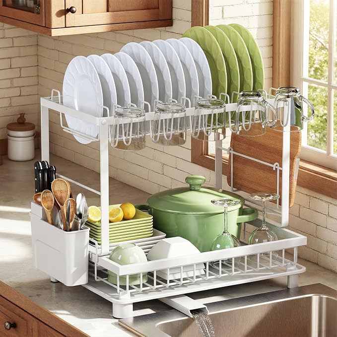 Multifunctional Dish Drying Rack - Rustproof, 2-Tier Dish Racks with Drainboard, Space-Saving Design, Utensil & Cup Holder for Kitchen Counter, White