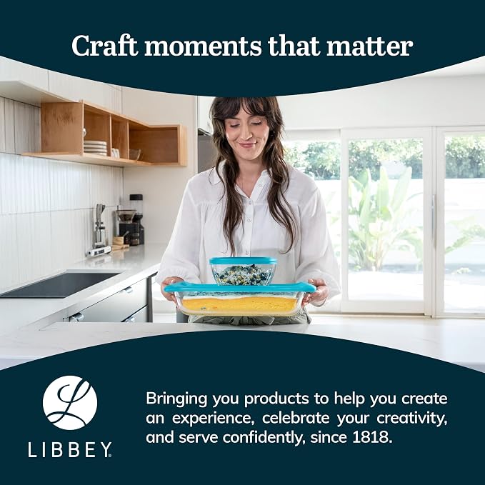 Libbey Baker’s Premium 4 Piece Glass Baking Dish Set, Multipurpose, Space Saving Casserole Dish with Lid Set, Baking Glassware for Potlucks, Leftovers