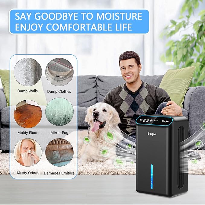 Dehumidifier for Home up to 1000 sq.ft, 98oz Small Quiet Dehumidifier with Drain Hose, 3 Timer Modes, Auto Shut Off, Aromatherapy & 7 Color Light for Bedroom, Bathroom, Basement (Pure Black)