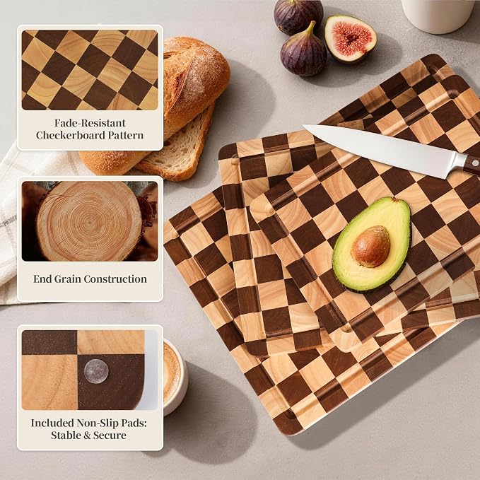 Checkered Cutting Board Set for Kitchen - 3 PCS Wood Checkerboard End Grain Chopping Board with Holder & Juice Groove, Wooden Cutting Boards for Meat, Vegetables, Fruits (S, M, L)