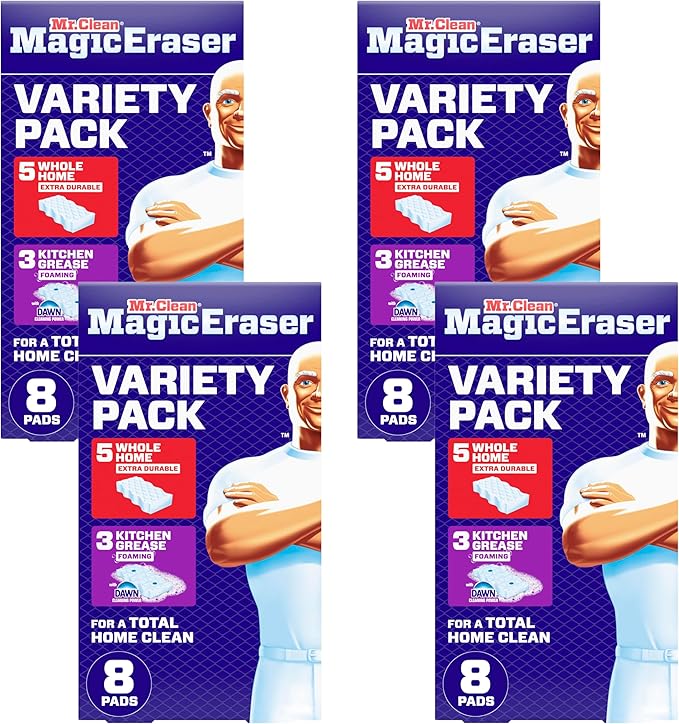 Mr. Clean Magic Eraser Sponge, All Purpose Cleaner, Cleaning Scrubber, Wall, Kitchen, Bathroom, Shower Cleaner, Melamine Sponge, Cleaning Pads, Variety Pack, 5 Extra Durable, & 3 Grease Magic Erasers