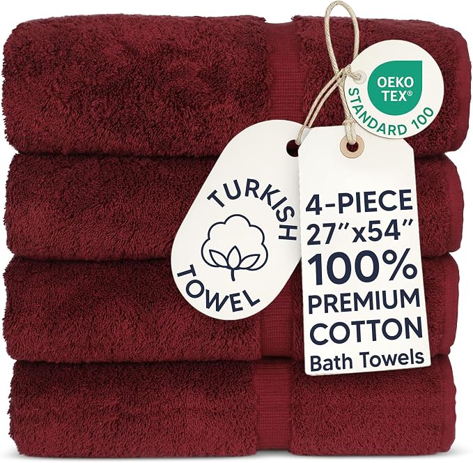 Chakir Turkish Linens 100% Cotton Premium Turkish Towels for Bathroom | 27'' x 54'' (4-Piece Bath Towels - Cranberry)
